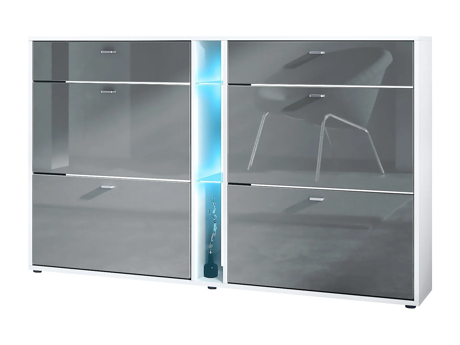 Scarpiera Today con 4 ante e 2 cassetti 155,5 x 95 x 28 cm, con illuminazione LED blu, struttura in bianco opaco, frontali in grigio lucido