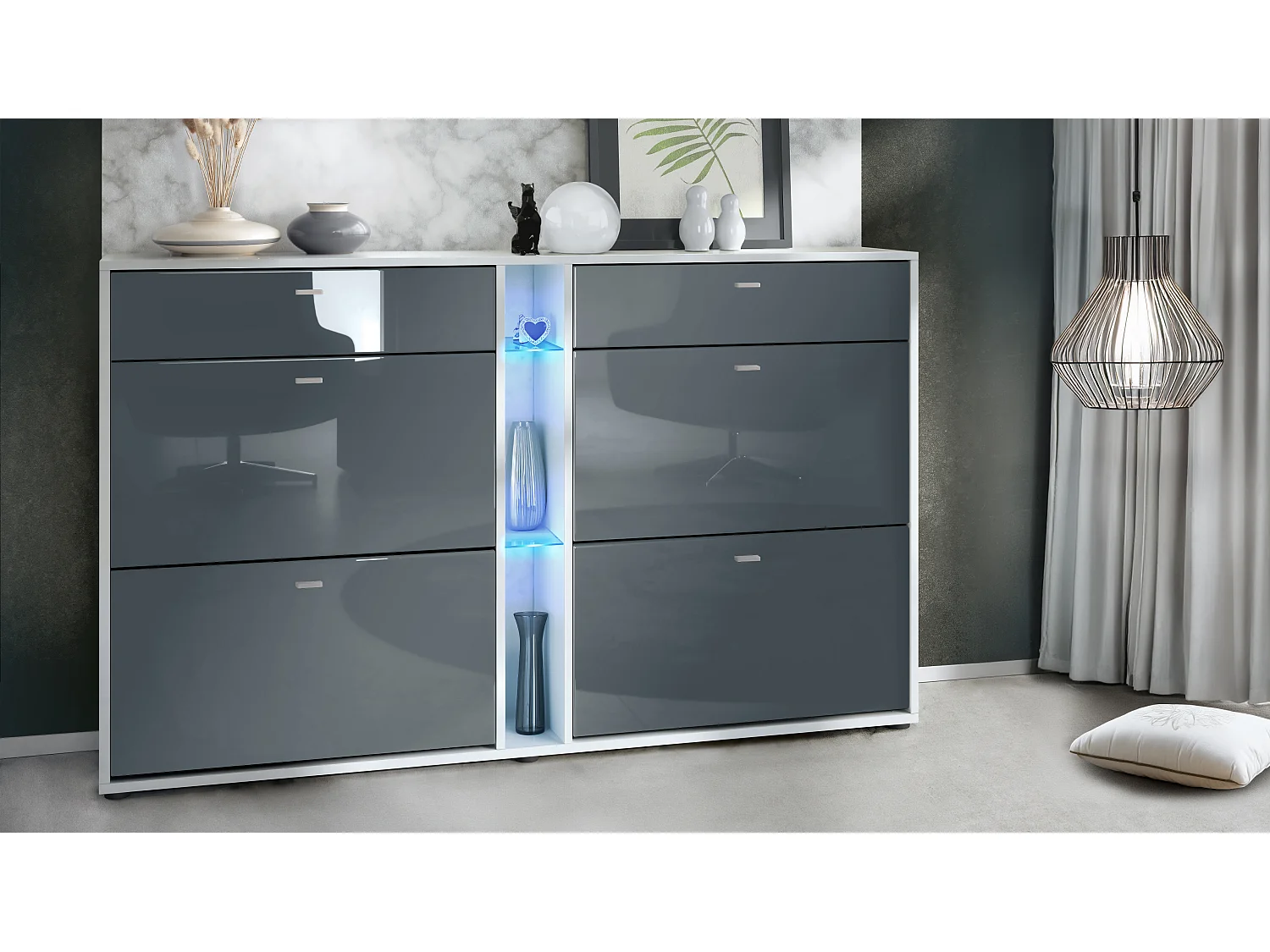 Scarpiera Today con 4 ante e 2 cassetti 155,5 x 95 x 28 cm, con illuminazione LED blu, struttura in bianco opaco, frontali in grigio lucido