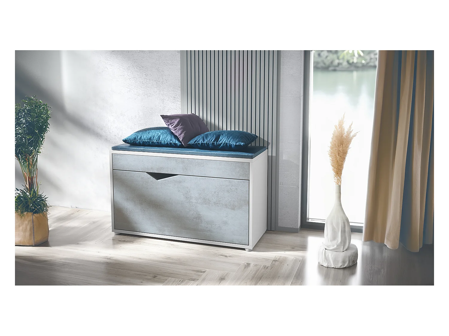 Banc à Chaussures Kolmio, Banc d'Assise pour 8 Paires de Chaussures, Étagère à Chaussures avec Siège, blanc mat/aspect béton oxyde (85 x 50 x 33 cm)