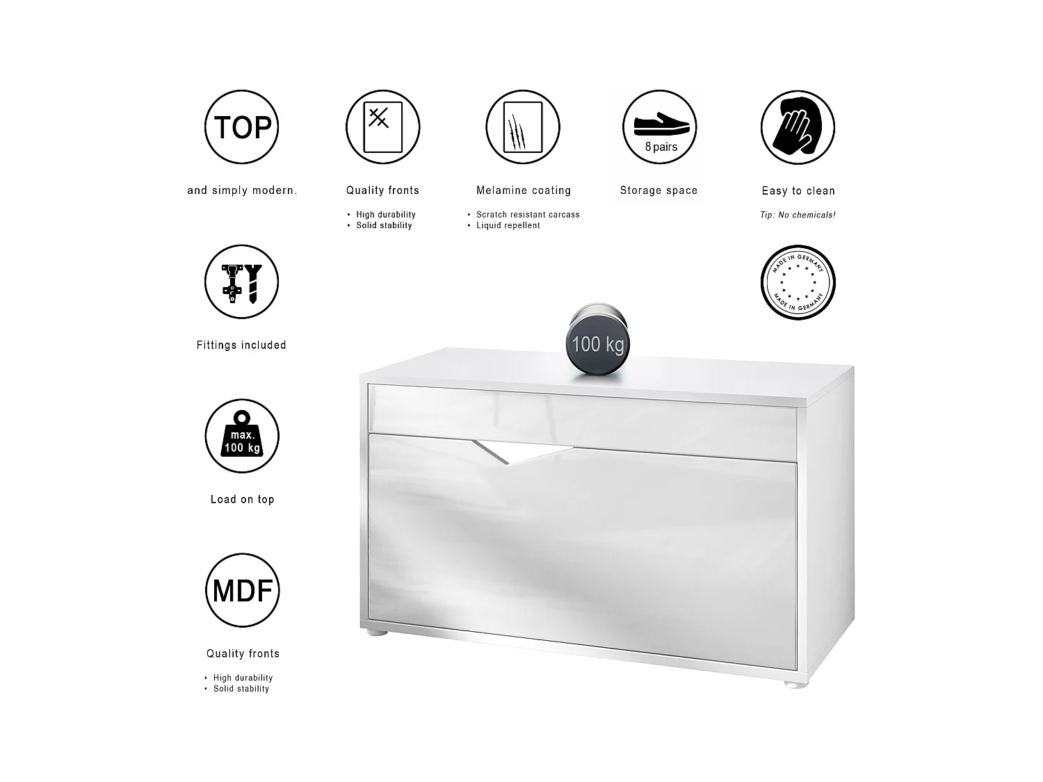 Banc à Chaussures Kolmio, Banc d'Assise pour 8 Paires de Chaussures, Étagère à Chaussures avec Siège, blanc mat/aspect béton oxyde (85 x 50 x 33 cm)