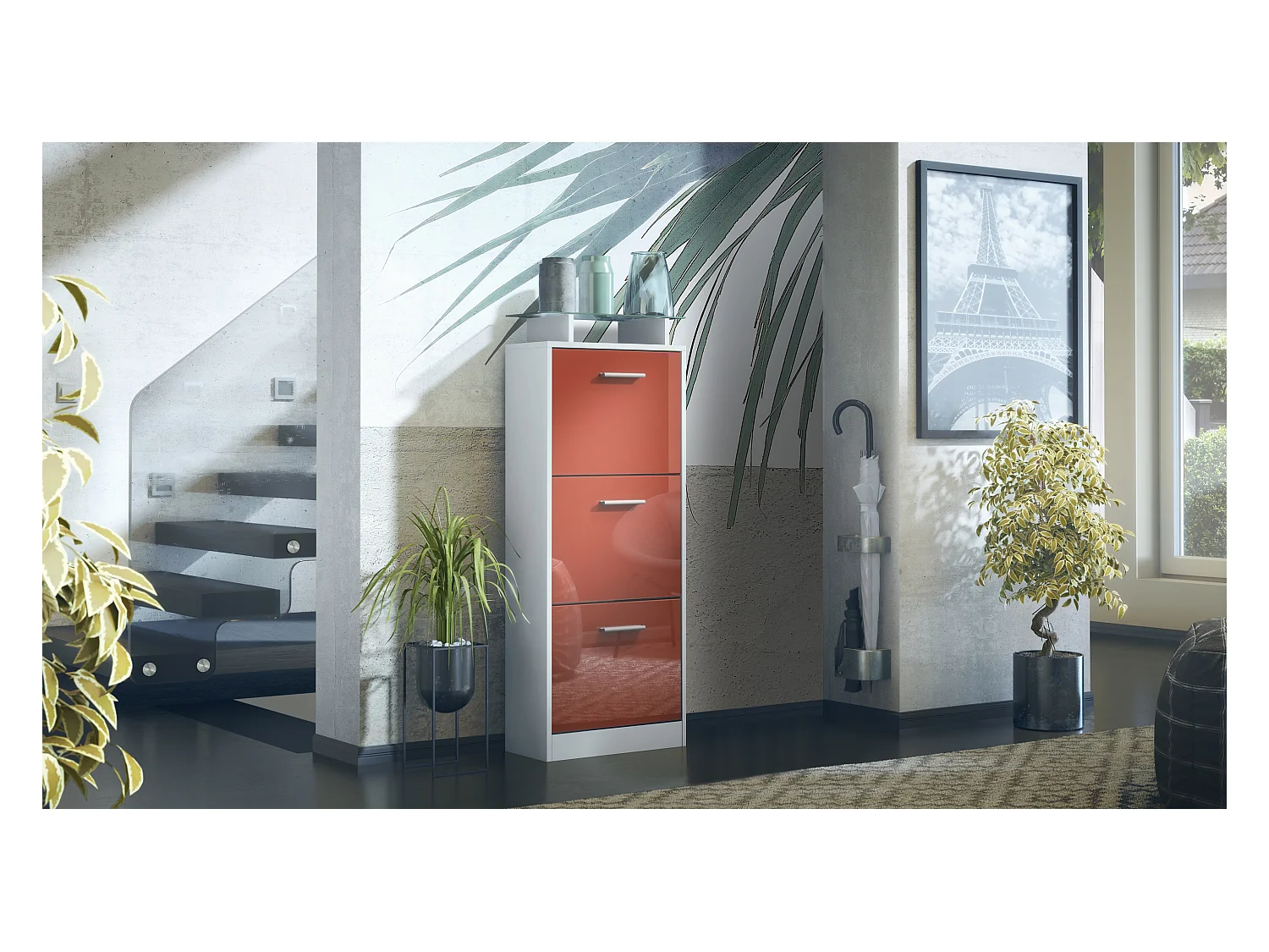 Meuble à Chaussures Lavia V2, Range-Chaussures pour 12 Paires avec 3 Abattants et Étagère en Verre, blanc mat/bordeaux haute brillance (46 x 128 x 23 cm)