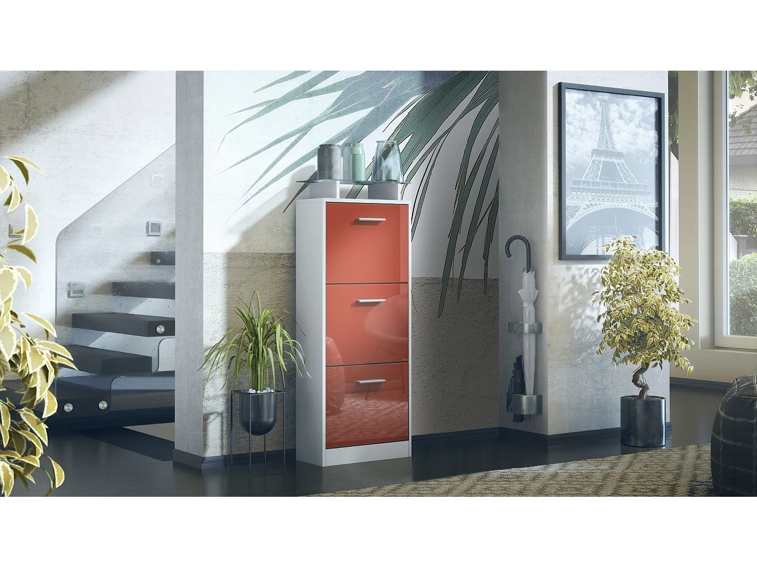 Vladon Scarpiera Lavia V2, Scarpiera per 12 Paia di Scarpe con 3 Ribalte e Mensola in Vetro, bianco opaco/bordeaux lucido (46 x 128 x 23 cm)