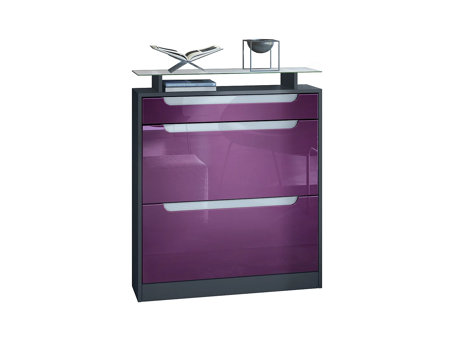 SCHUHSCHRANK Fiesta Fronten in Brombeer Hochglanz, Griffmulden in Weiß Hochglanz