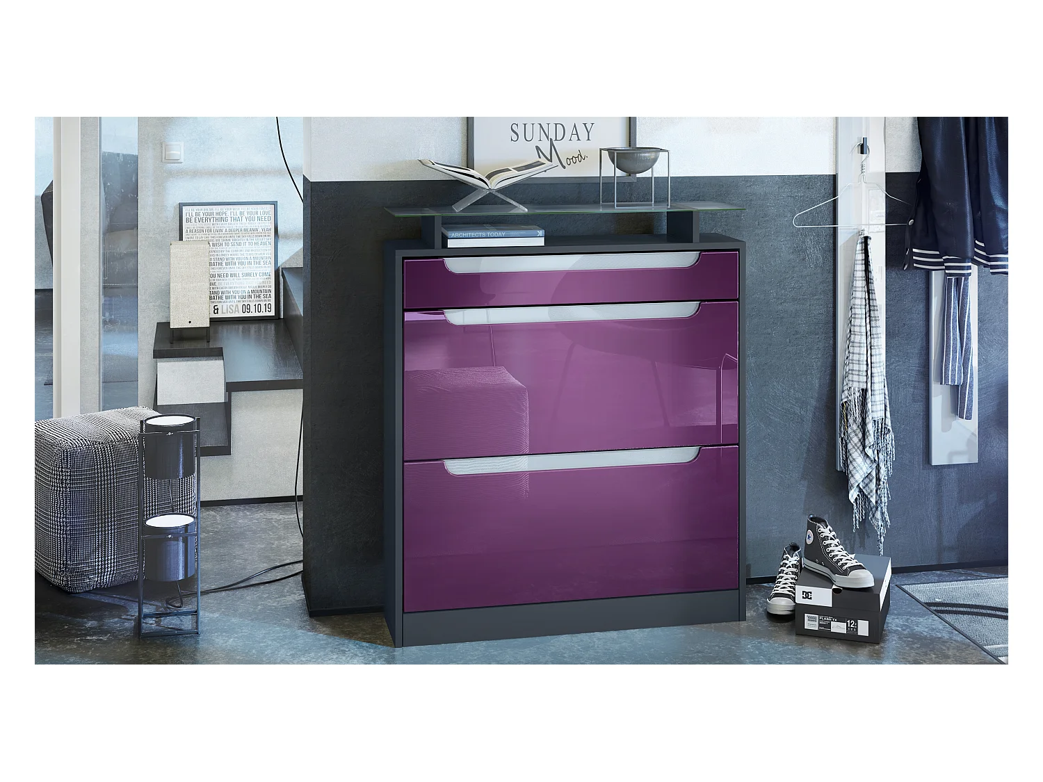 SCHUHSCHRANK Fiesta Fronten in Brombeer Hochglanz, Griffmulden in Weiß Hochglanz