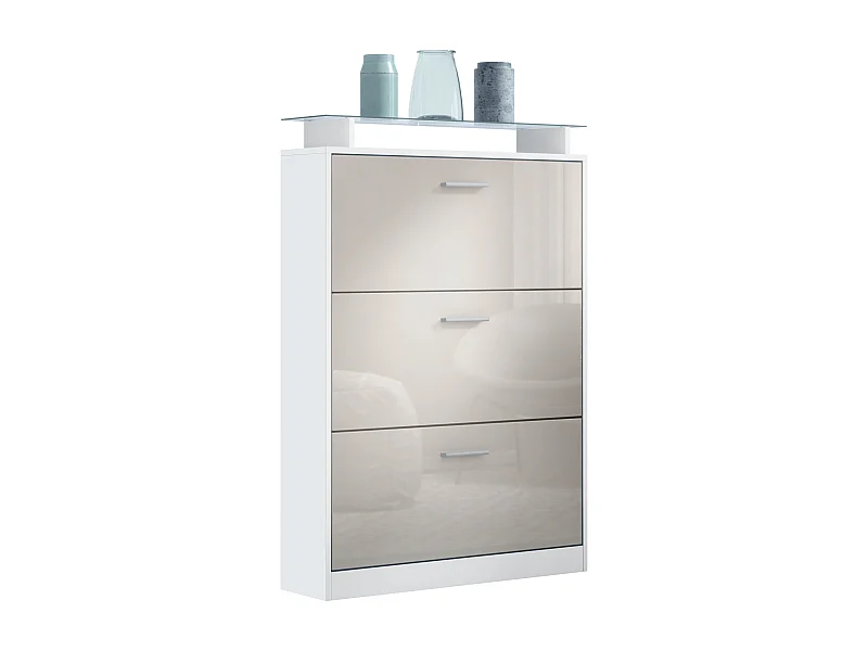 Meuble à chaussures Lavia, basculant pour 24 paires de chaussures avec 3 clapets et étagère en verre, Blanc mat/Gris sable haute brillance (89 x 128 x 23 cm)