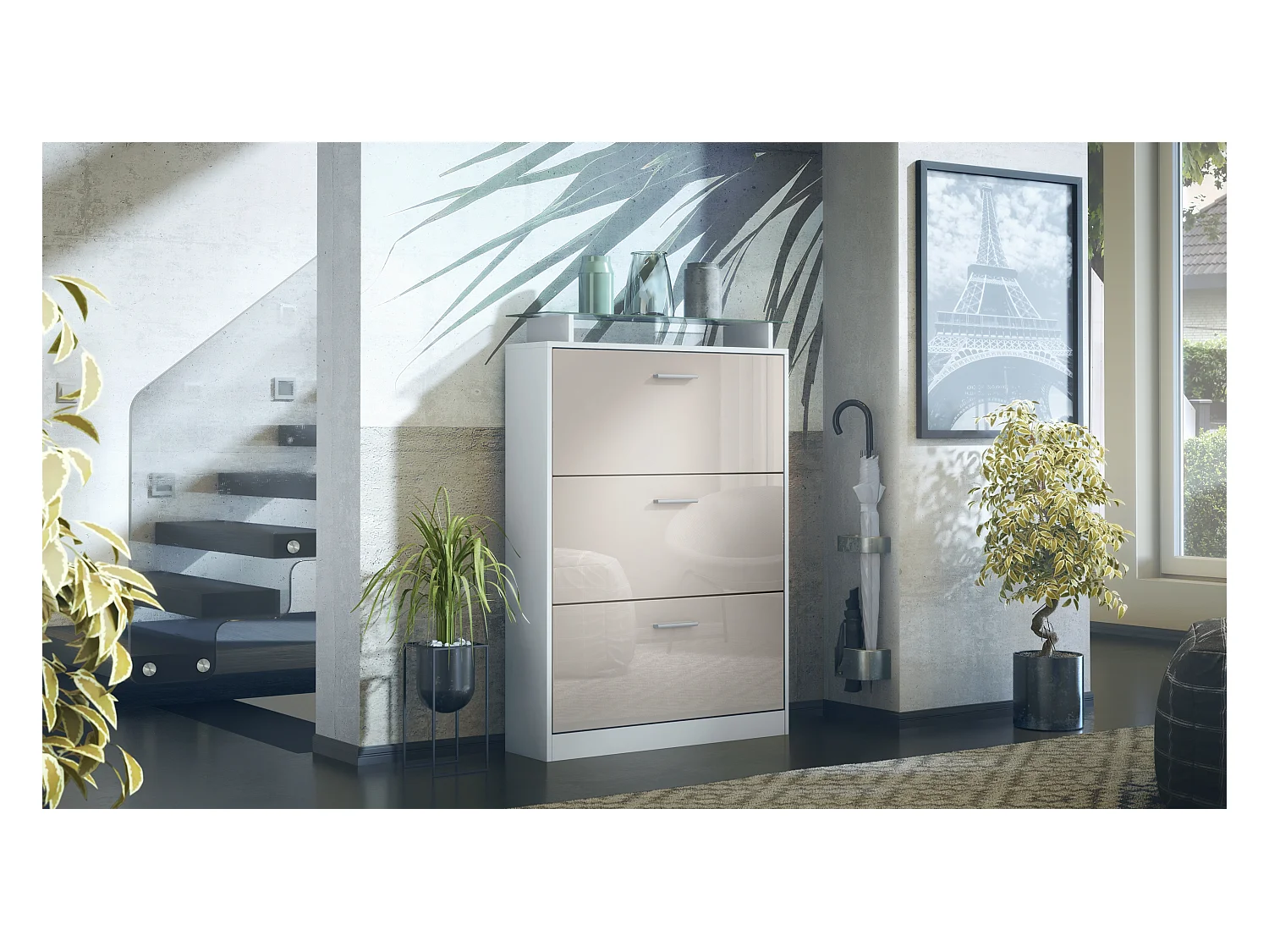 Meuble à chaussures Lavia, basculant pour 24 paires de chaussures avec 3 clapets et étagère en verre, Blanc mat/Gris sable haute brillance (89 x 128 x 23 cm)