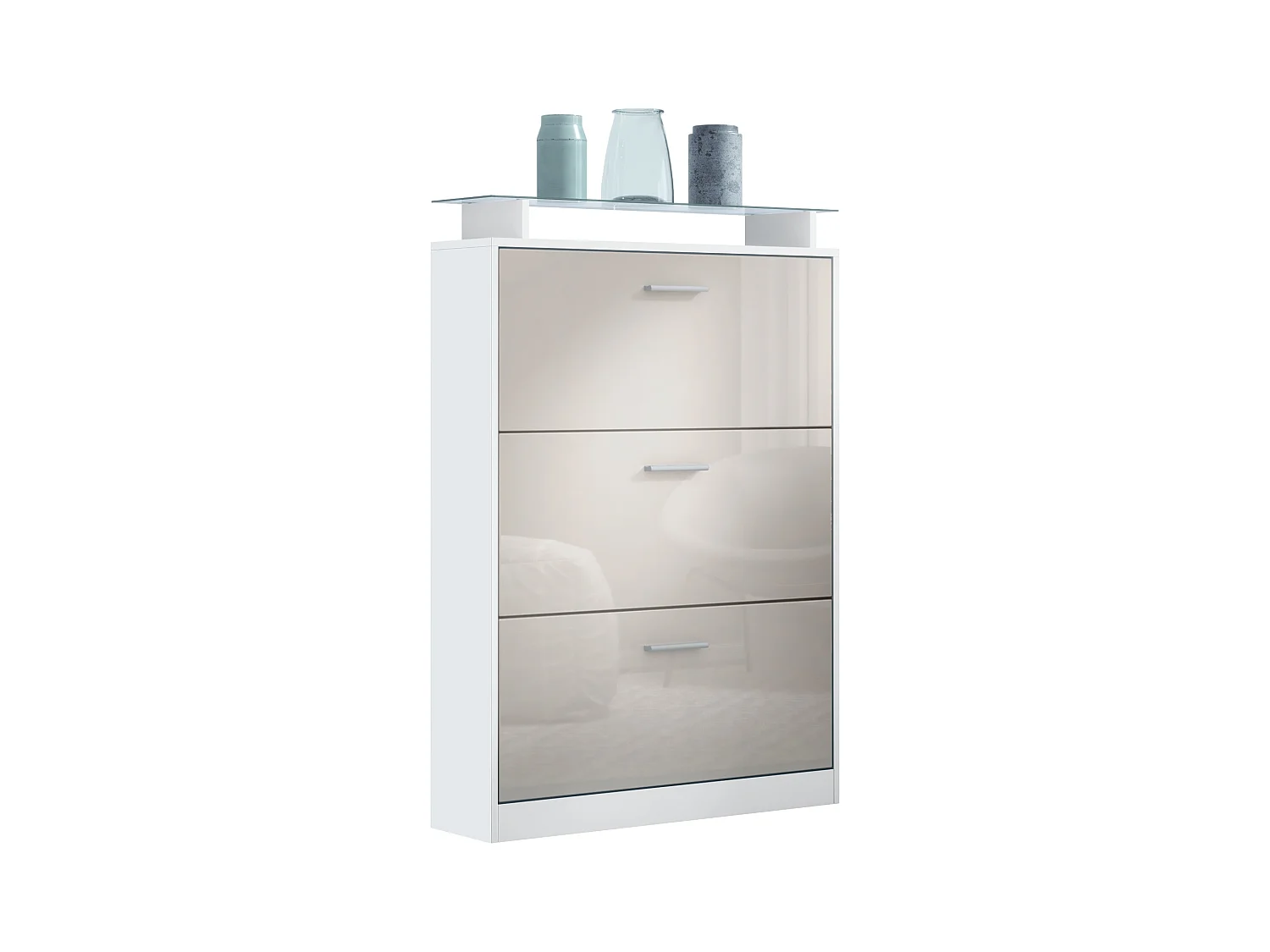 Meuble à chaussures Lavia, basculant pour 24 paires de chaussures avec 3 clapets et étagère en verre, Blanc mat/Gris sable haute brillance (89 x 128 x 23 cm)