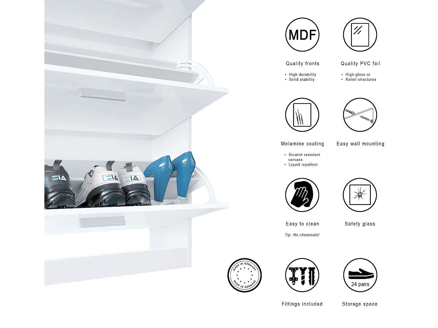 Scarpiera Lavia, mobile per 24 paia di scarpe con 3 ante a ribalta e un ripiano in vetro, bianco opaco/grigio sabbia lucido (89 x 128 x 23 cm)
