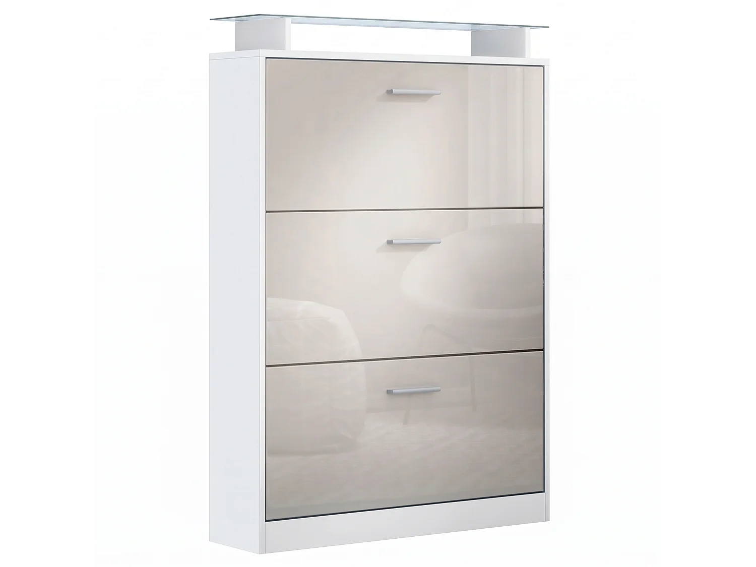 Meuble à chaussures Lavia, basculant pour 24 paires de chaussures avec 3 clapets et étagère en verre, Blanc mat/Gris sable haute brillance (89 x 128 x 23 cm)