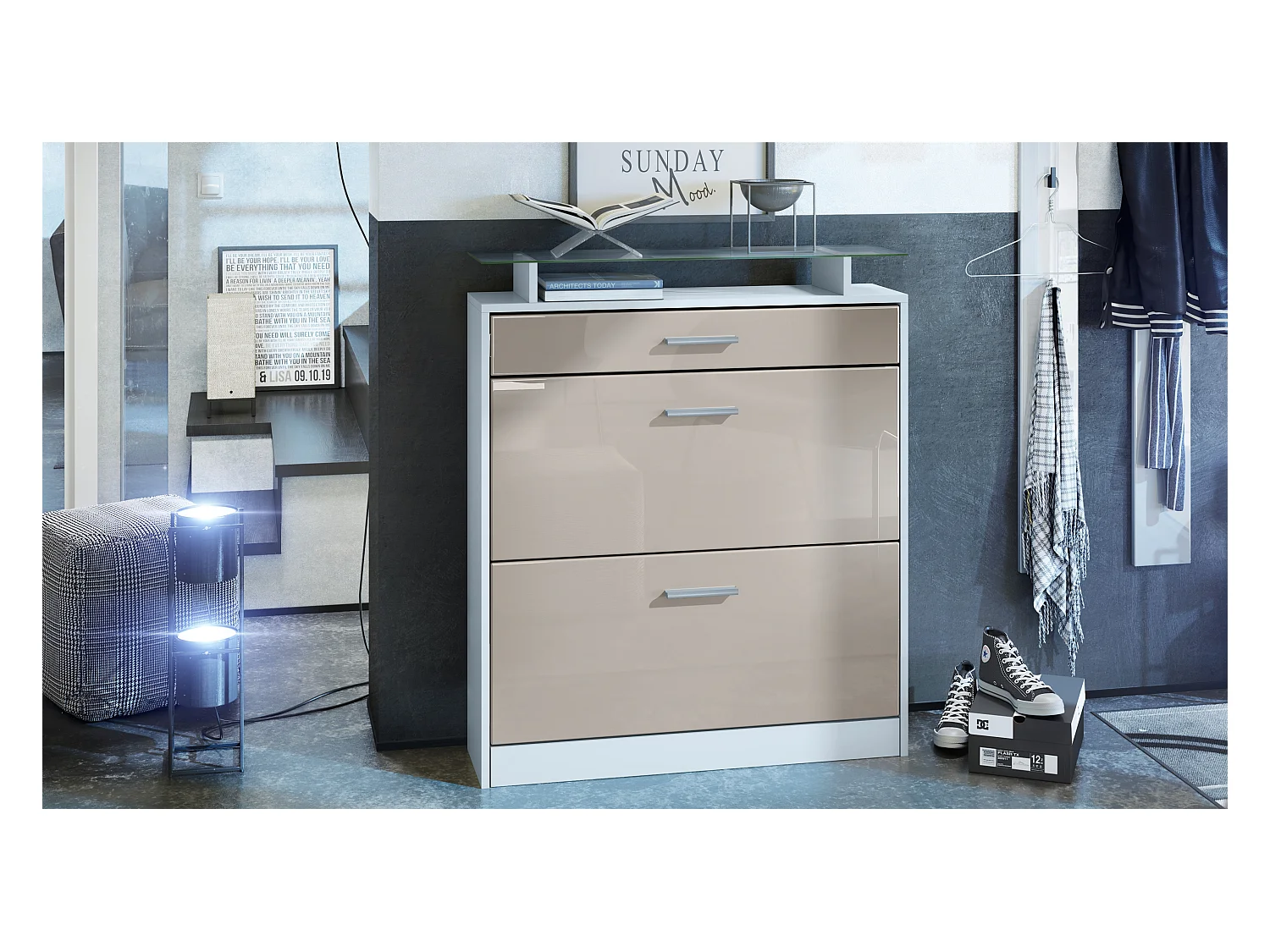 Meuble chaussure Loret, Étagère à chaussures pour 16 paires de chaussures avec 2 clapets à bascule, 1 tiroir, Blanc mat/Gris sable brillant (89 x 104 x 23 cm)