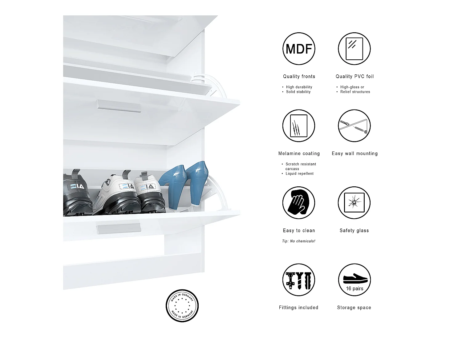 Meuble chaussure Loret, Étagère à chaussures pour 16 paires de chaussures avec 2 clapets à bascule, 1 tiroir, Blanc mat/Gris sable brillant (89 x 104 x 23 cm)