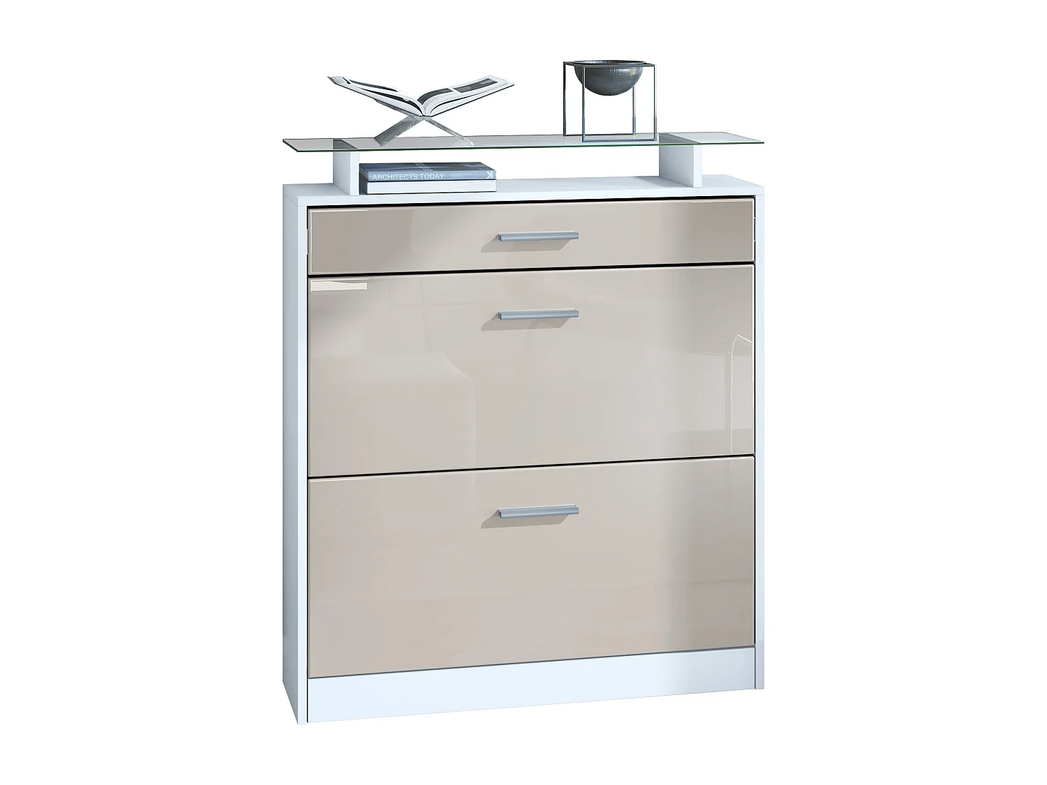 Meuble chaussure Loret, Étagère à chaussures pour 16 paires de chaussures avec 2 clapets à bascule, 1 tiroir, Blanc mat/Gris sable brillant (89 x 104 x 23 cm)