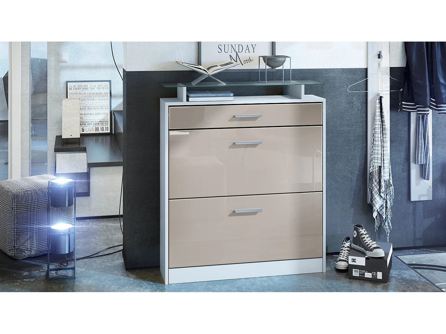 Meuble chaussure Loret, Étagère à chaussures pour 16 paires de chaussures avec 2 clapets à bascule, 1 tiroir, Blanc mat/Gris sable brillant (89 x 104 x 23 cm)