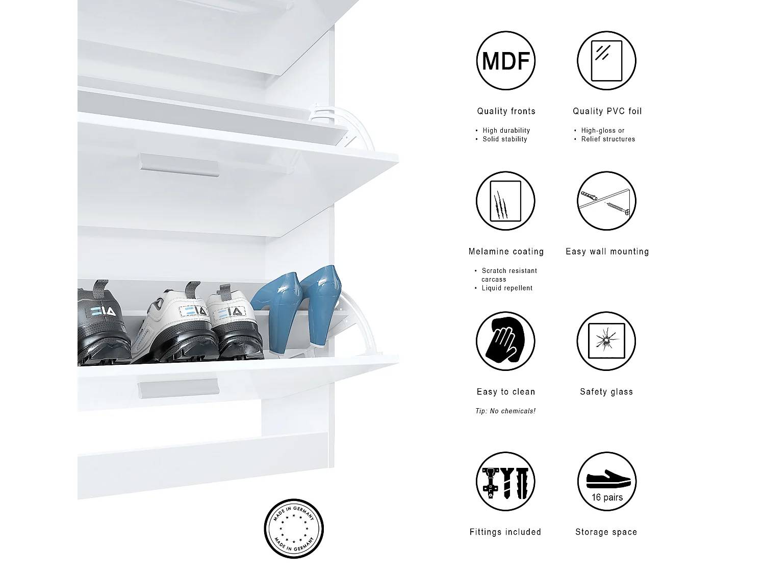 Meuble chaussure Loret, Étagère à chaussures pour 16 paires de chaussures avec 2 clapets à bascule, 1 tiroir, Blanc mat/Gris sable brillant (89 x 104 x 23 cm)