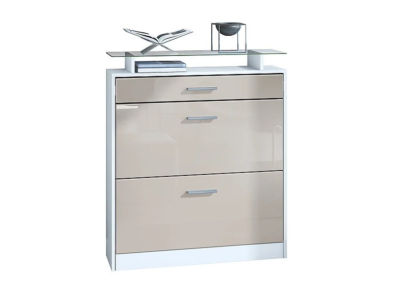 Scarpiera  Loret, mobile per 16 paia di scarpe con 2 ante a ribalta, 1 cassetto e ripiano in vetro, bianco opaco/grigio sabbia lucido (89 x 104 x 23 cm)