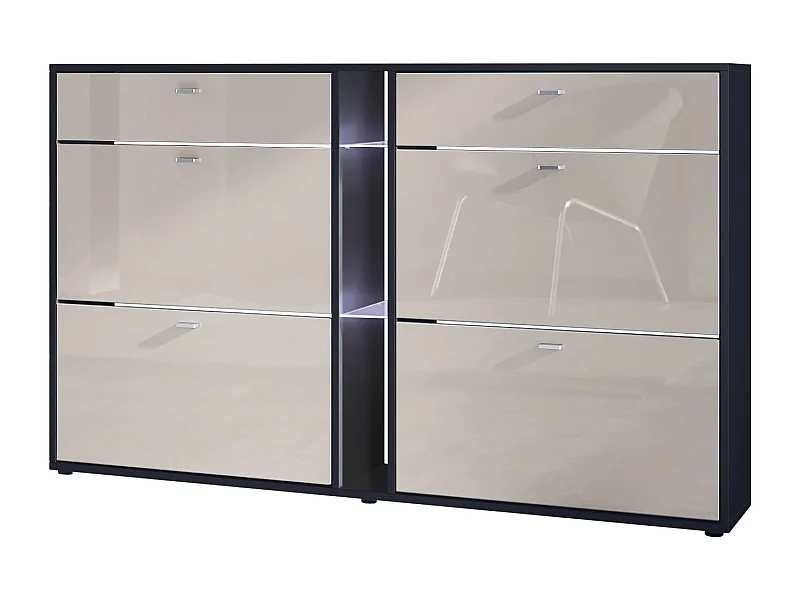 Scarpiera Today con 4 ante e 2 cassetti 155,5 x 95 x 28 cm, con illuminazione LED bianca, struttura in nero opaco, frontali in grigio sabbia lucido