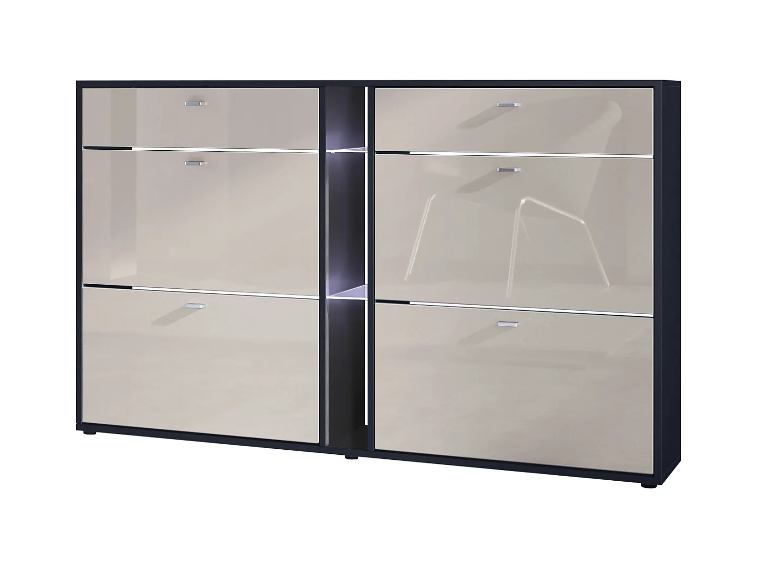 Meuble à chaussures à bascule Today 155,5 x 95 x 28 cm, avec un éclairage LED blanc, corps en Noir mat, façades en gris sable haute brillance