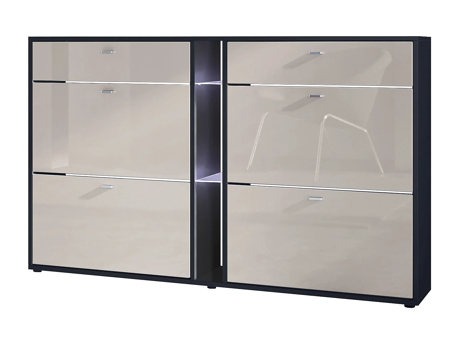 Scarpiera Today con 4 ante e 2 cassetti 155,5 x 95 x 28 cm, con illuminazione LED bianca, struttura in nero opaco, frontali in grigio sabbia lucido