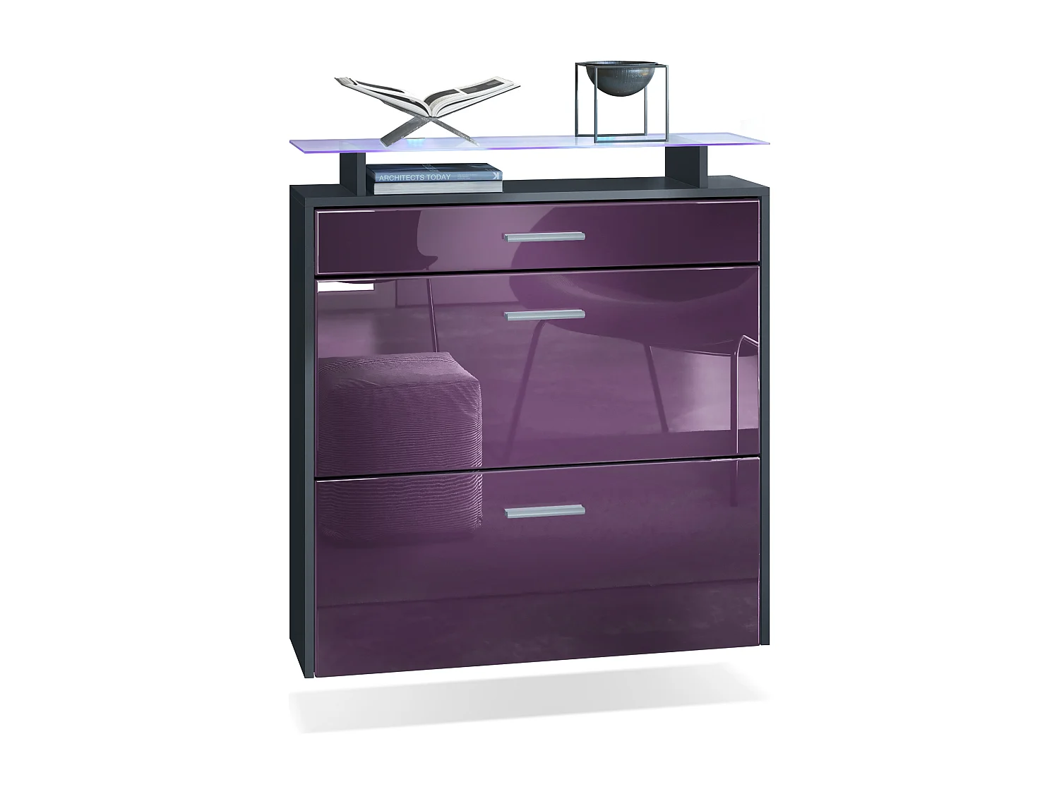 Mueble zapatero Vladon Malea, antracita mate/zarzamora de alto brillo con LED - carro zapatero colgante para 16 pares de zapatos (89 x 96 x 23 cm)