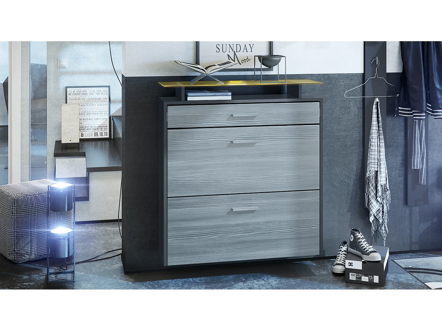 Mueble zapatero Vladon Malea, antracita mate/zarzamora de alto brillo con LED - carro zapatero colgante para 16 pares de zapatos (89 x 96 x 23 cm)