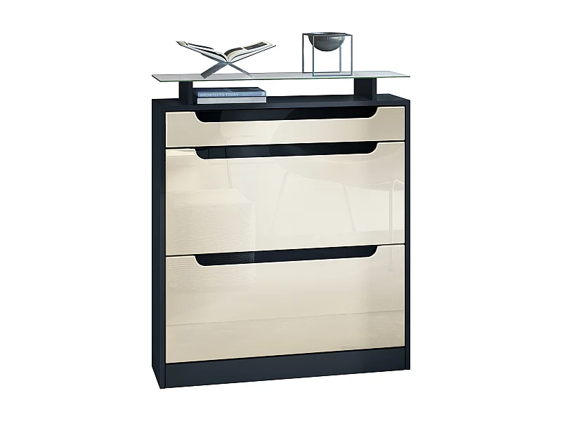 Vladon Scarpiera Fiesta, nero opaco/beige lucido/nero lucido - ribaltabile per 16 paia di scarpe (89 x 104 x 23 cm)