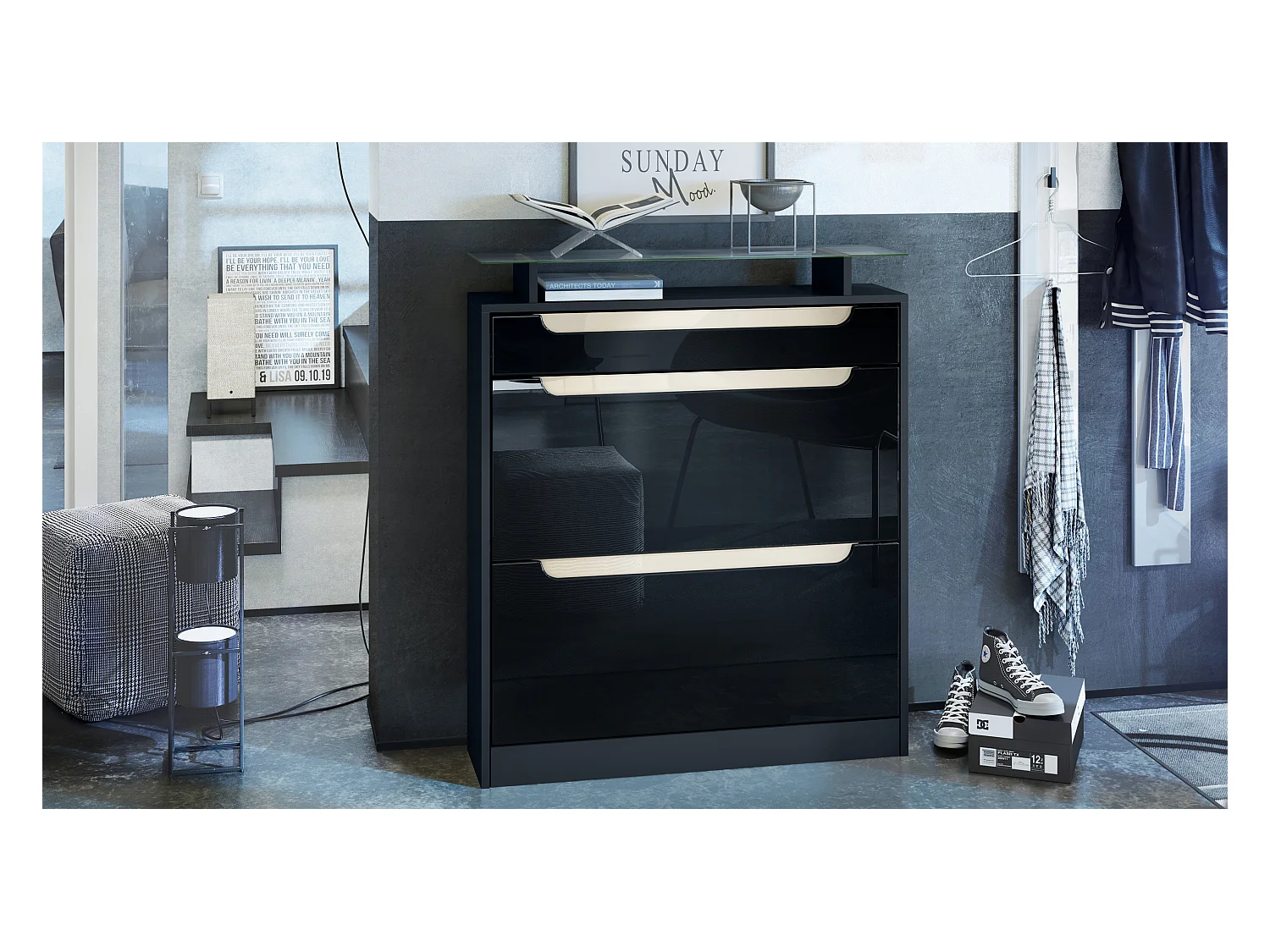 Vladon Scarpiera Fiesta, nero opaco/beige lucido/nero lucido - ribaltabile per 16 paia di scarpe (89 x 104 x 23 cm)