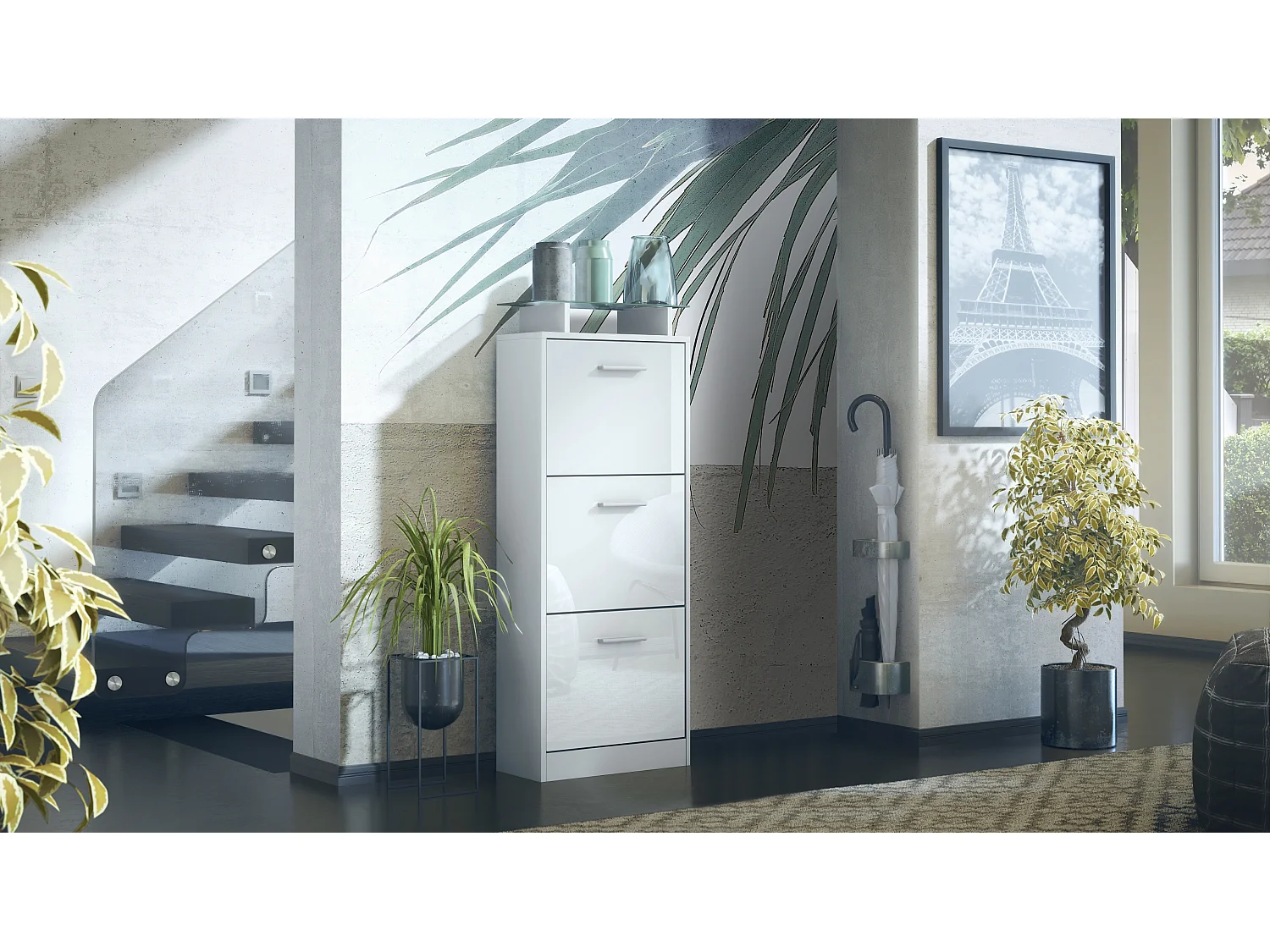 Vladon Scarpiera Lavia V2, Scarpiera per 12 Paia di Scarpe con 3 Ribalte e Mensola in Vetro, bianco opaco/bianco lucido (46 x 128 x 23 cm)