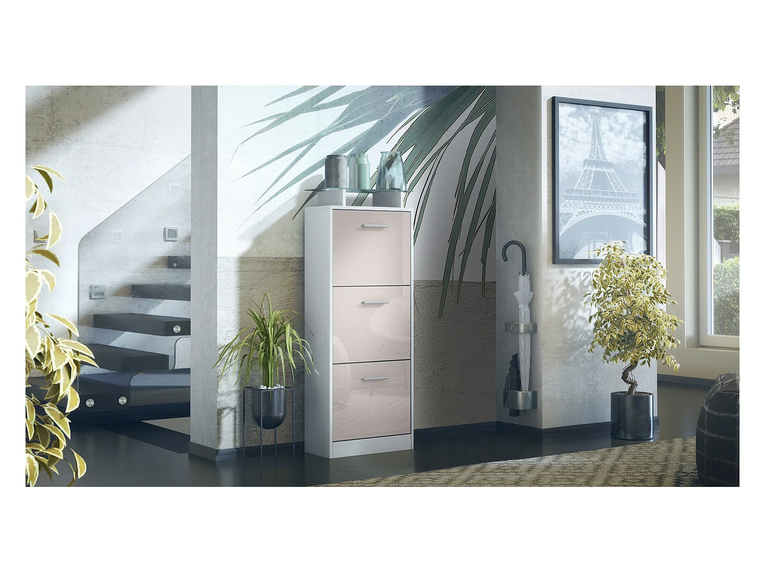 Meuble à Chaussures Lavia V2, Range-Chaussures pour 12 Paires avec 3 Abattants et Étagère en Verre, blanc mat/gris sable haute brillance (46 x 128 x 23 cm)