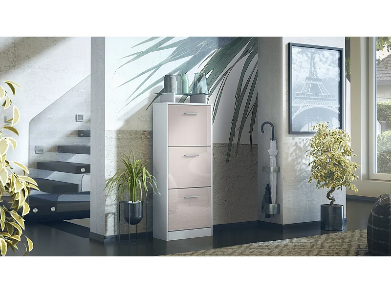 Meuble à Chaussures Lavia V2, Range-Chaussures pour 12 Paires avec 3 Abattants et Étagère en Verre, blanc mat/gris sable haute brillance (46 x 128 x 23 cm)