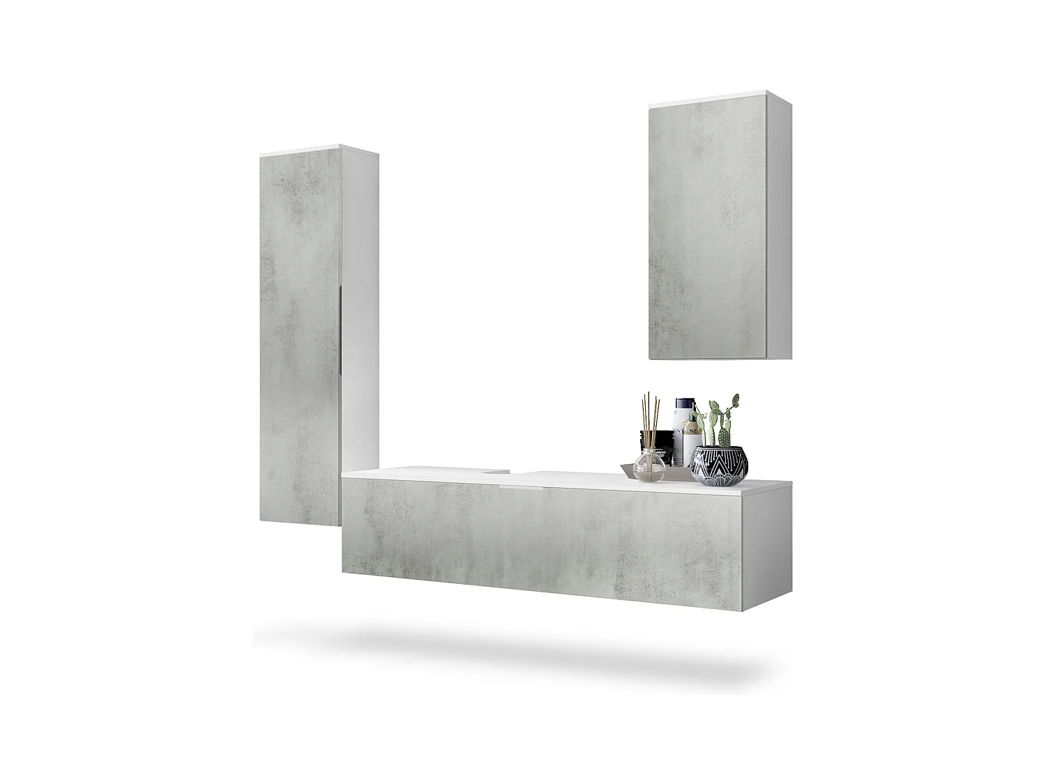 Ensemble de Meubles de Bains Beach, Corps en Blanc Mat/Façades en Aspect béton oxyde-optique