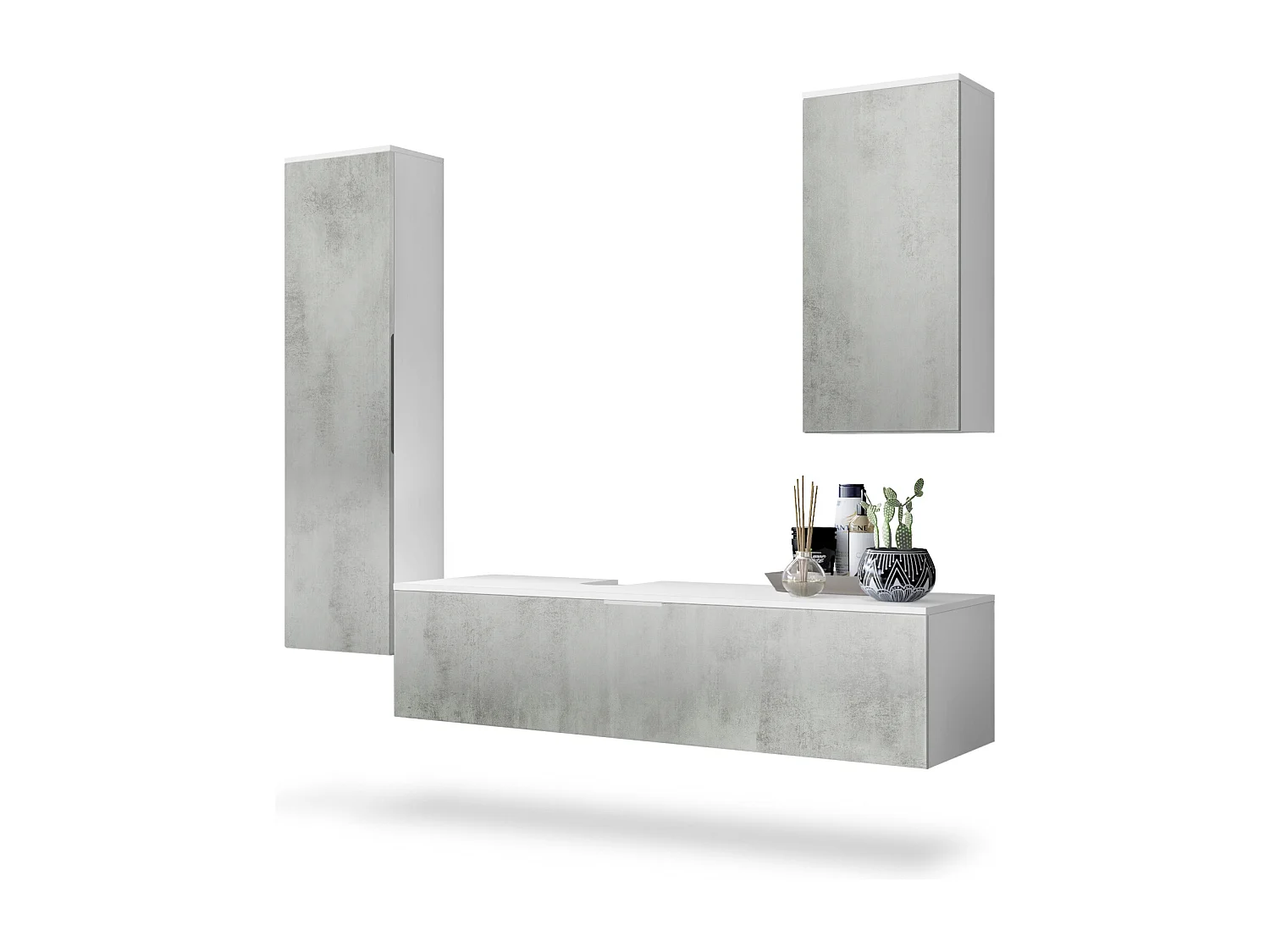 Ensemble de Meubles de Bains Beach, Corps en Blanc Mat/Façades en Aspect béton oxyde-optique