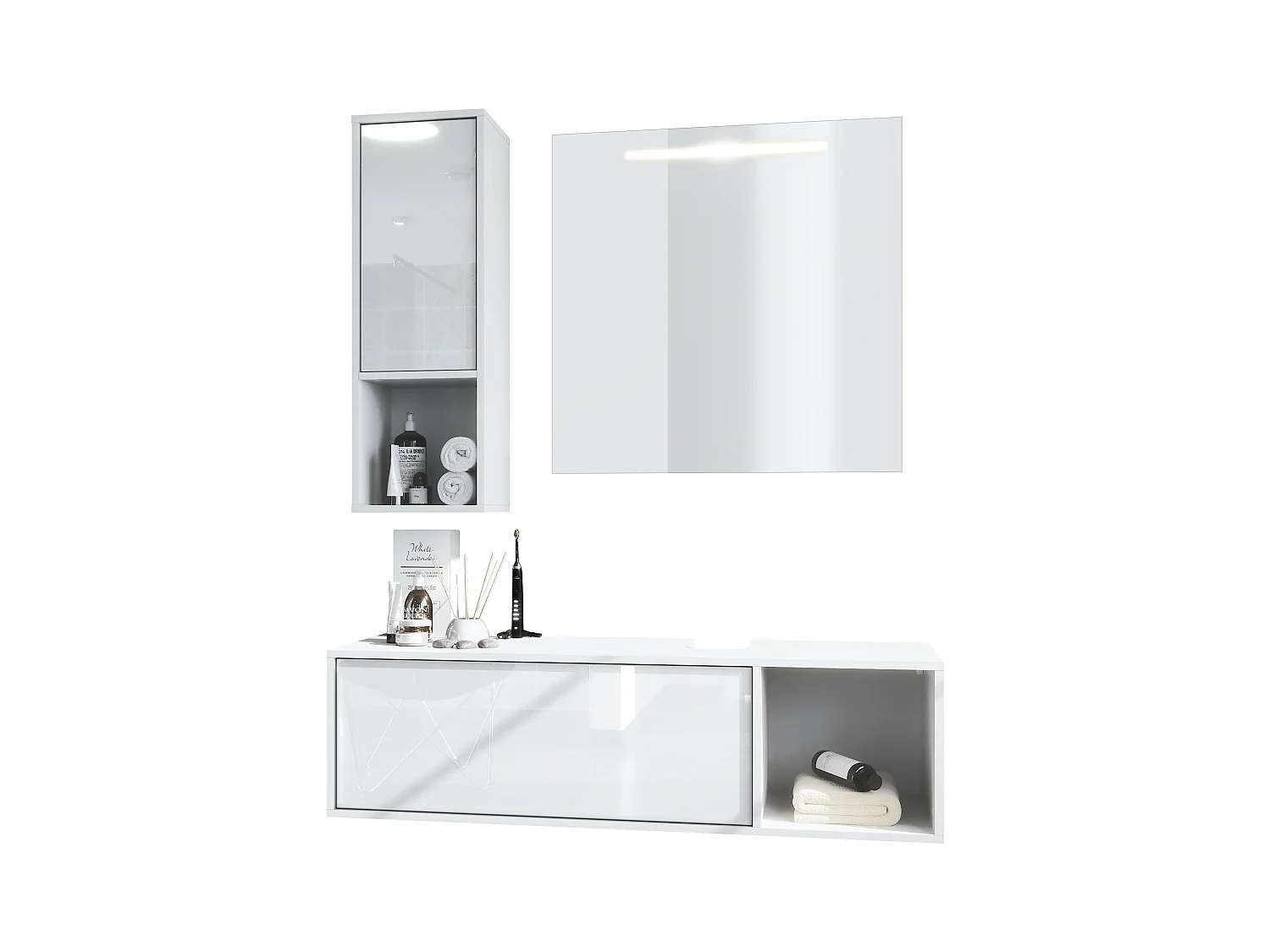 Ensemble de meubles de bains La Costa, Corps en Blanc mat, Façades en Blanc haute brillance, avec Miroir LED