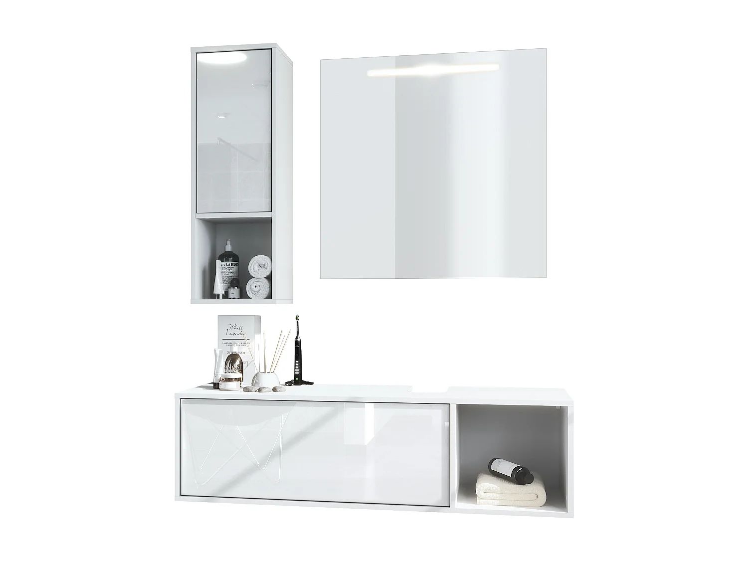 Ensemble de meubles de bains La Costa, Corps en Blanc mat, Façades en Blanc haute brillance, avec Miroir LED
