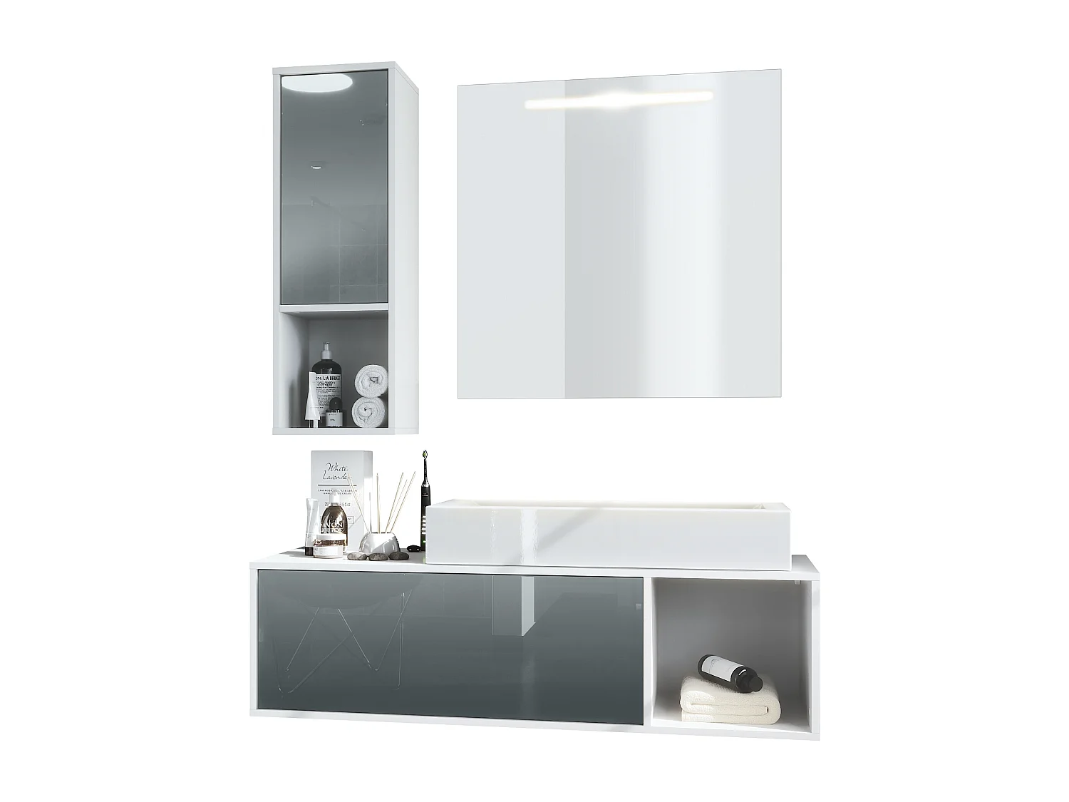 Ensemble de meubles de bains La Costa, Corps en Blanc mat, Façades en Gris haute brillance, avec Vasque à poser et Miroir LED