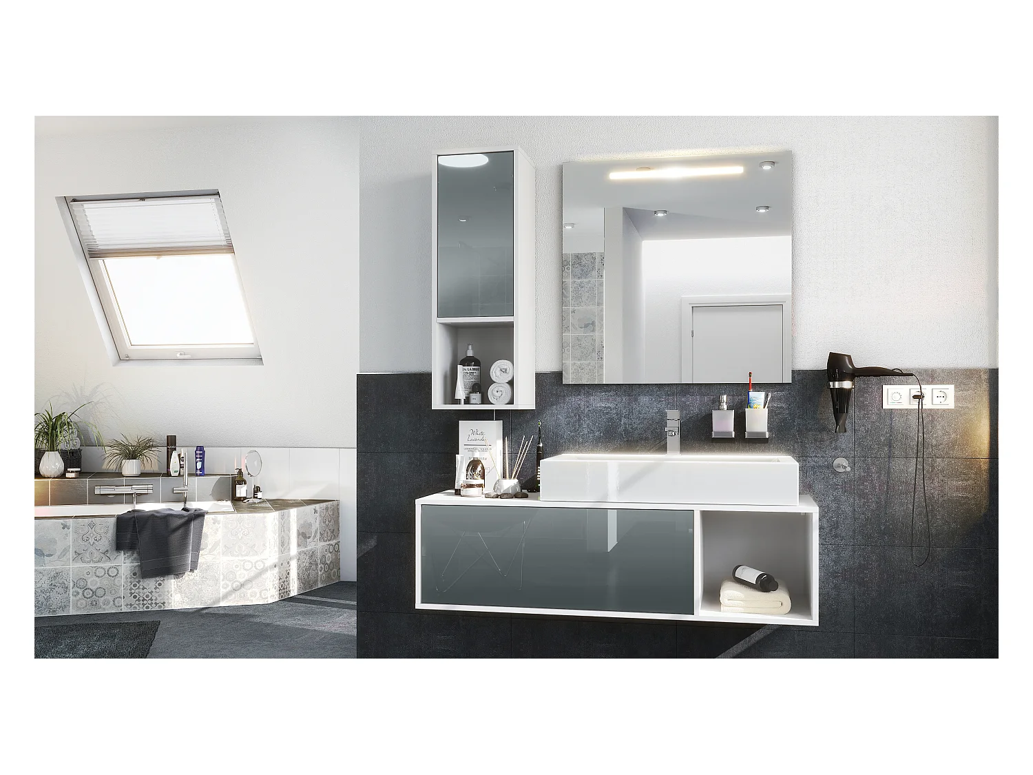 Ensemble de meubles de bains La Costa, Corps en Blanc mat, Façades en Gris haute brillance, avec Vasque à poser et Miroir LED