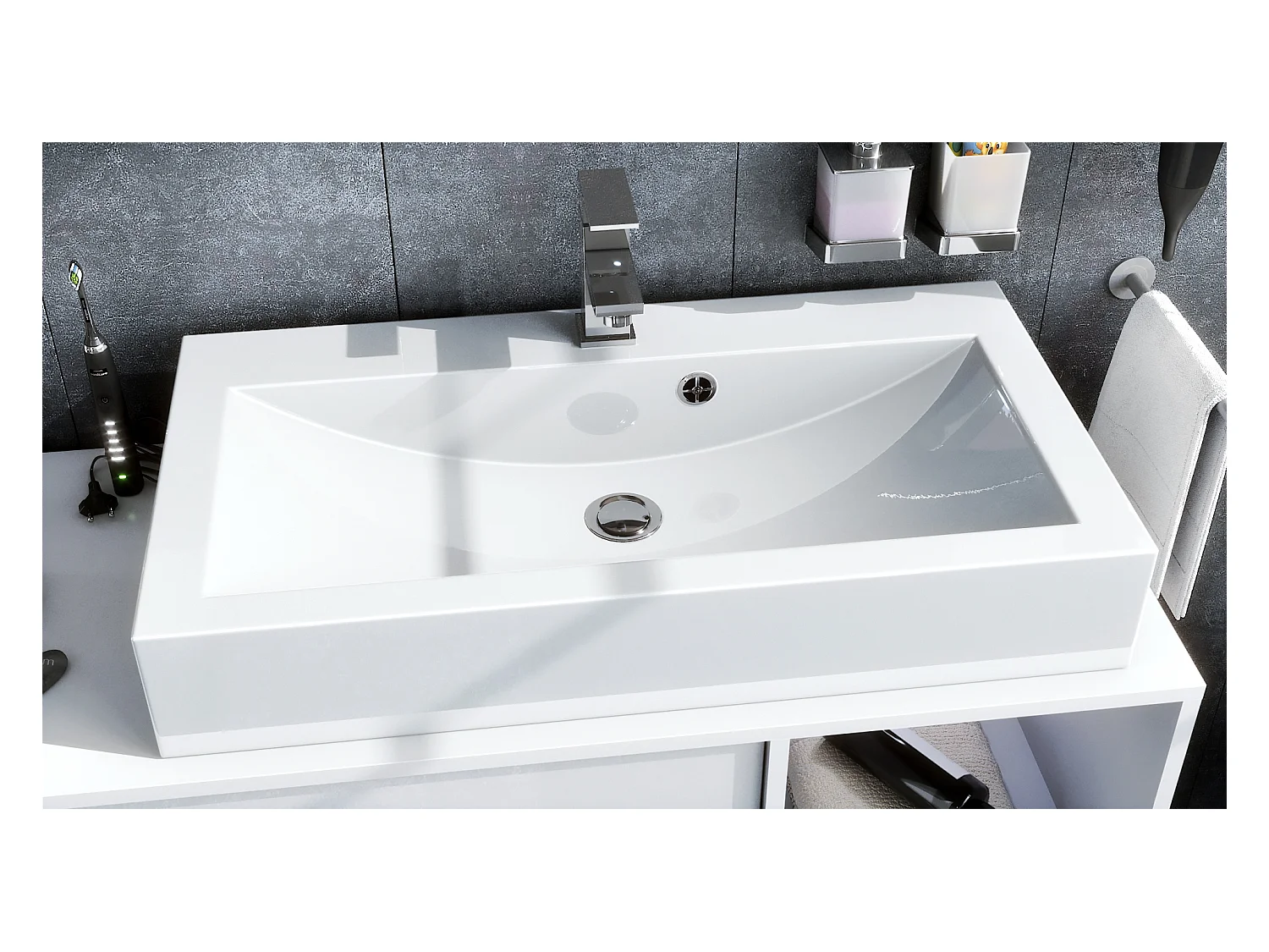 Ensemble de meubles de bains La Costa, Corps en Blanc mat, Façades en Gris haute brillance, avec Vasque à poser et Miroir LED