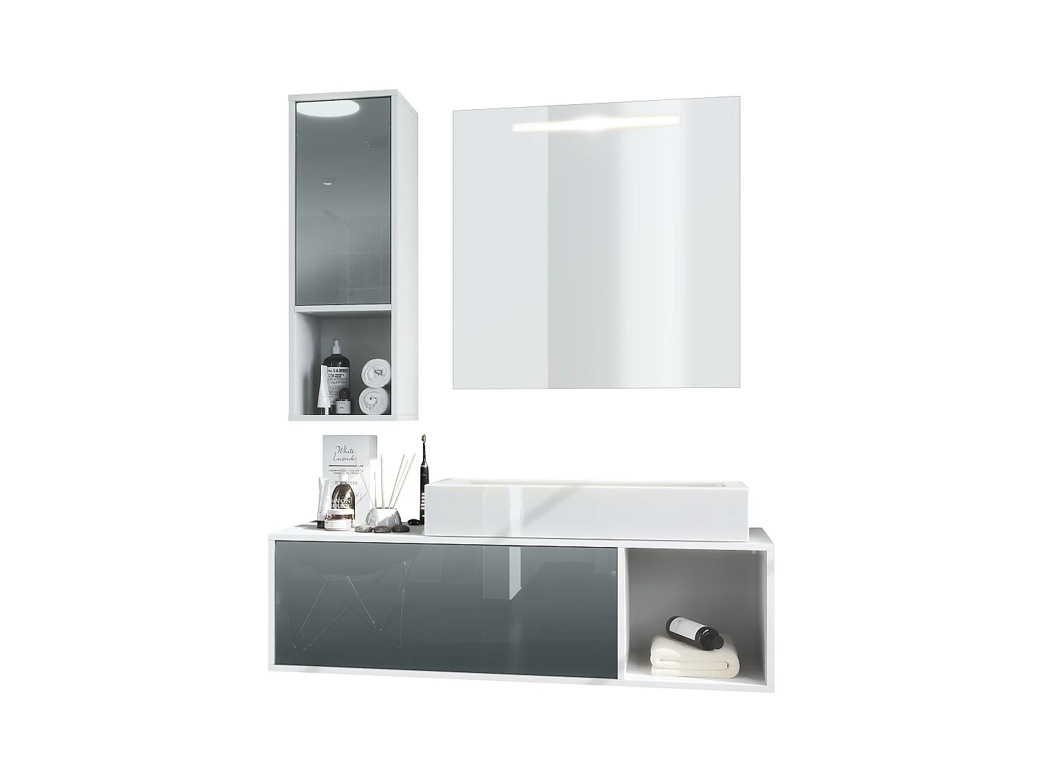 Ensemble de meubles de bains La Costa, Corps en Blanc mat, Façades en Gris haute brillance, avec Vasque à poser et Miroir LED