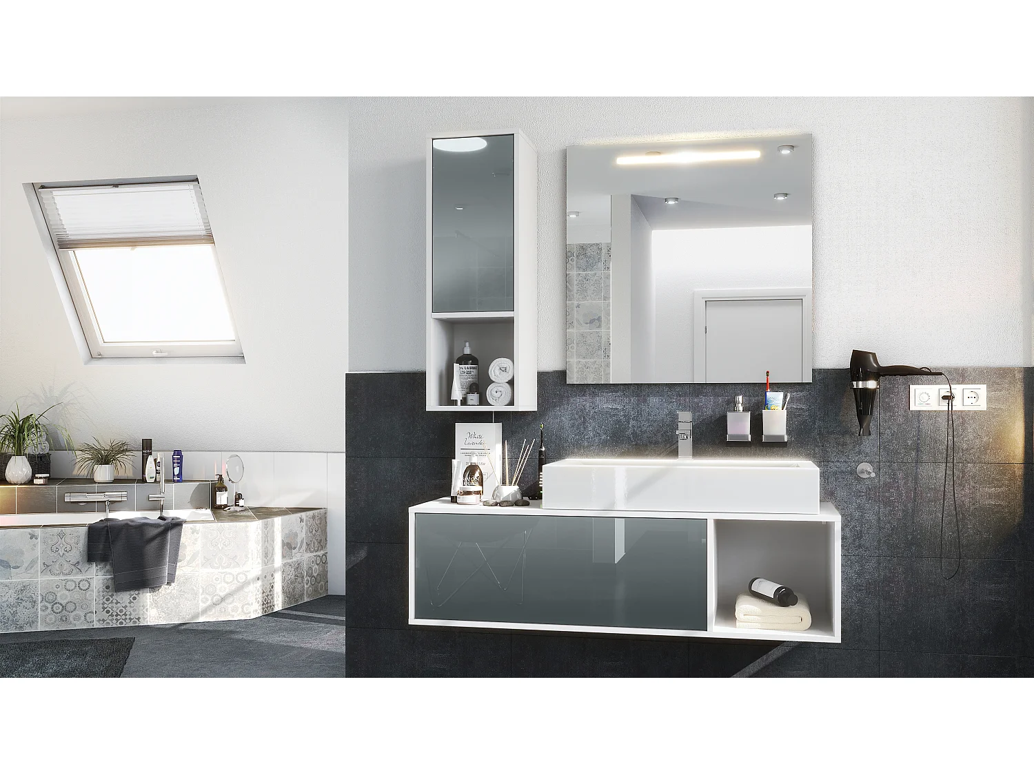 Ensemble de meubles de bains La Costa, Corps en Blanc mat, Façades en Gris haute brillance, avec Vasque à poser et Miroir LED