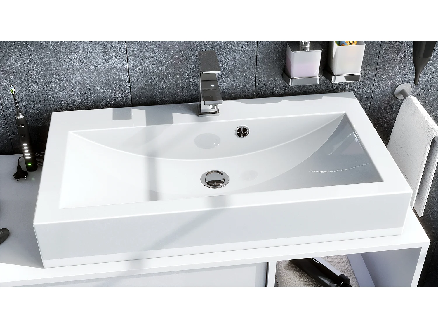 Ensemble de meubles de bains La Costa, Corps en Blanc mat, Façades en Gris haute brillance, avec Vasque à poser et Miroir LED