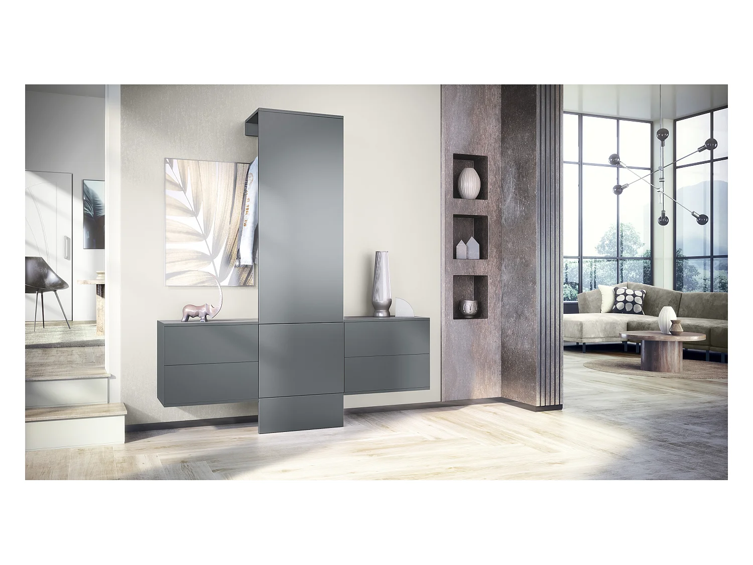 Vestiaire Garderobe Carlton Set 3, Corps en anthracite mat / Panneau portemanteau en graphite satiné mat (157 x 193 x 35 cm)