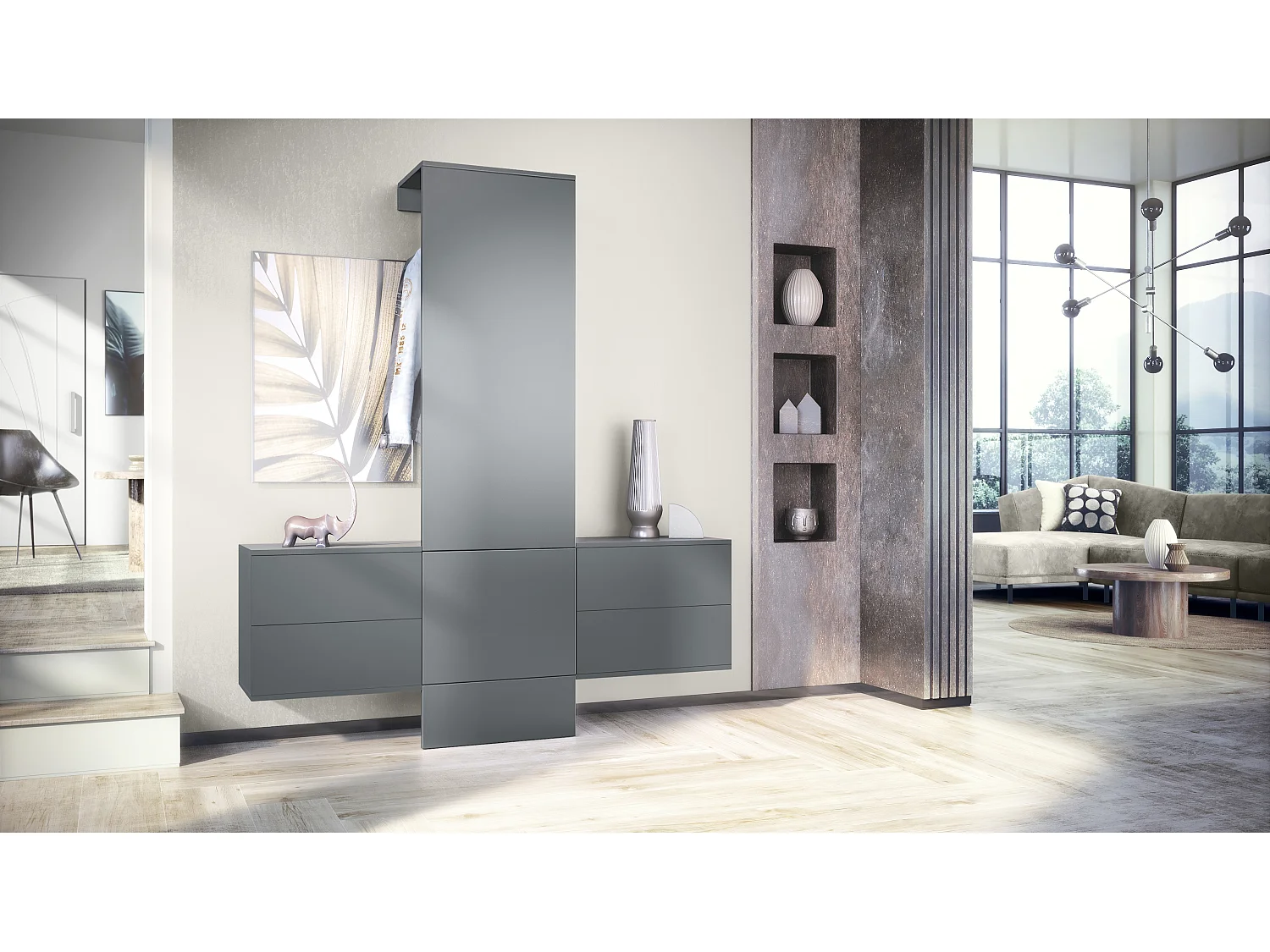 Vestiaire Garderobe Carlton Set 3, Corps en anthracite mat / Panneau portemanteau en graphite satiné mat (157 x 193 x 35 cm)