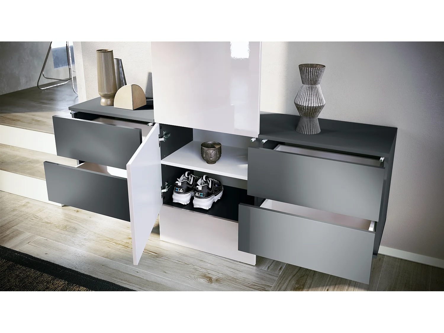 Vestiaire Garderobe Carlton Set 3, Corps en anthracite mat / Panneau portemanteau en graphite satiné mat (157 x 193 x 35 cm)