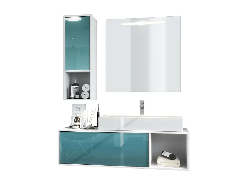 Ensemble de meubles de bains La Costa, Corps en Blanc mat, Façades en Turquoise haute brillance, avec Vasque à poser, Robinet et Miroir LED