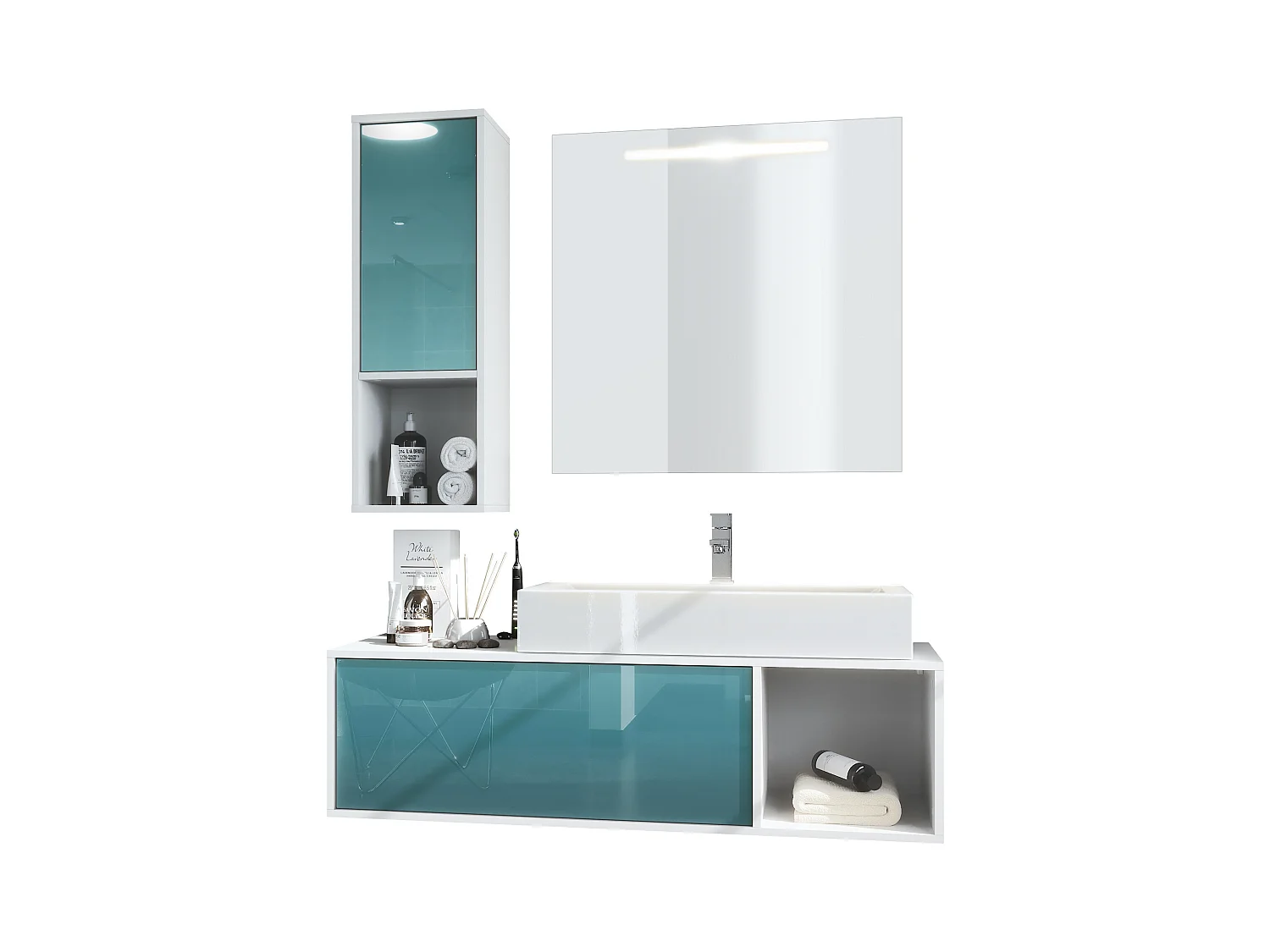 Ensemble de meubles de bains La Costa, Corps en Blanc mat, Façades en Turquoise haute brillance, avec Vasque à poser, Robinet et Miroir LED