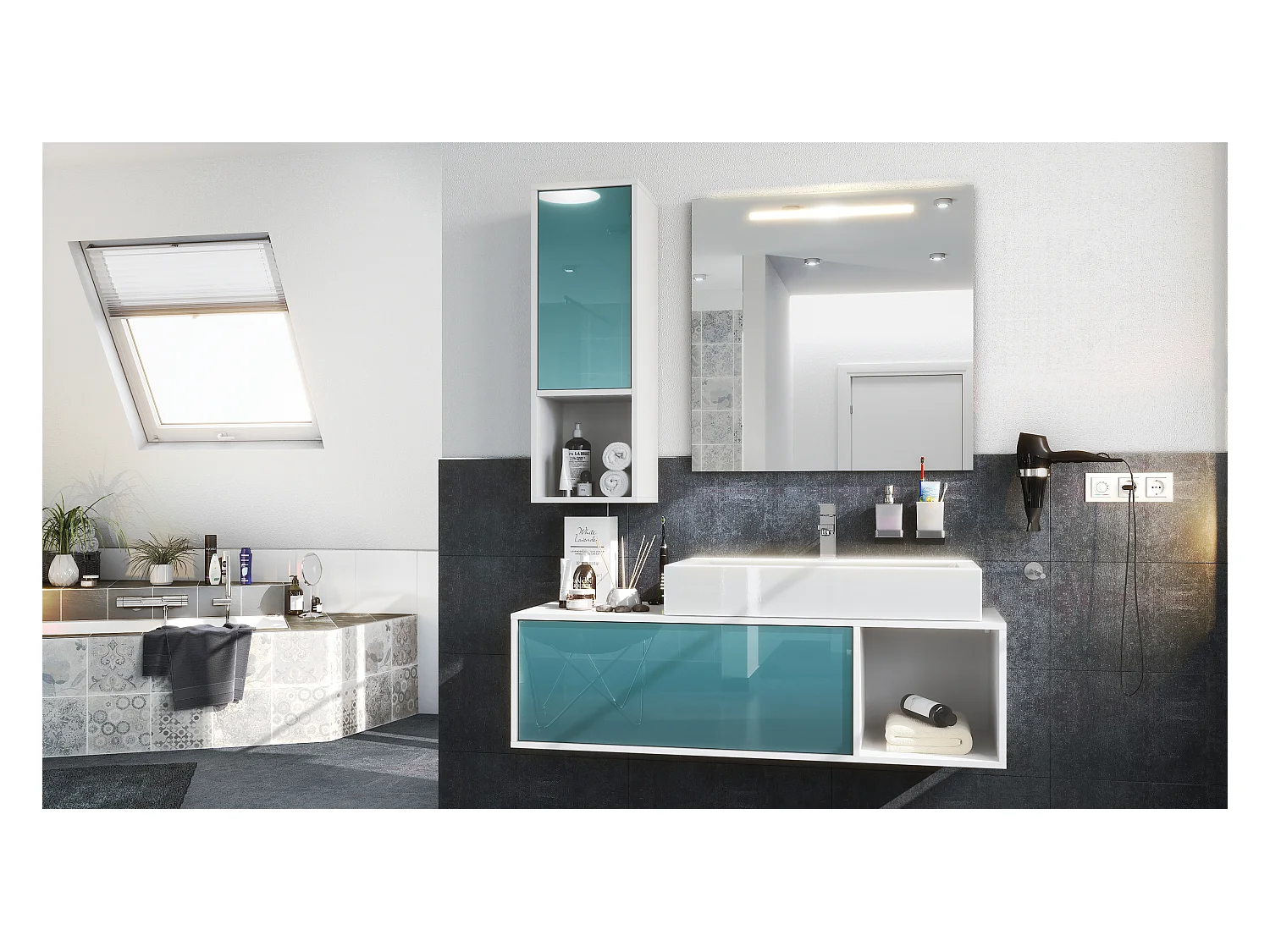 Ensemble de meubles de bains La Costa, Corps en Blanc mat, Façades en Turquoise haute brillance, avec Vasque à poser, Robinet et Miroir LED