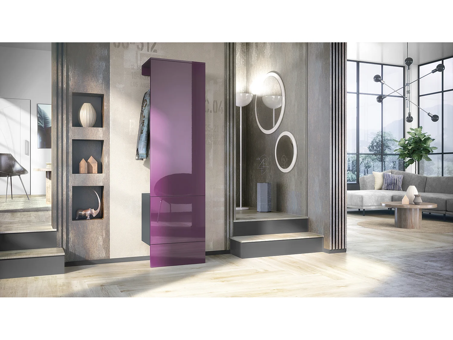 Penderie Carlton Set 5, Meuble d’entrée comprenant 1 panneau porte-manteau avec porte intégrée et 1 tringle, anthracite mat/mûre brillant (52 x 193 x 35 cm)