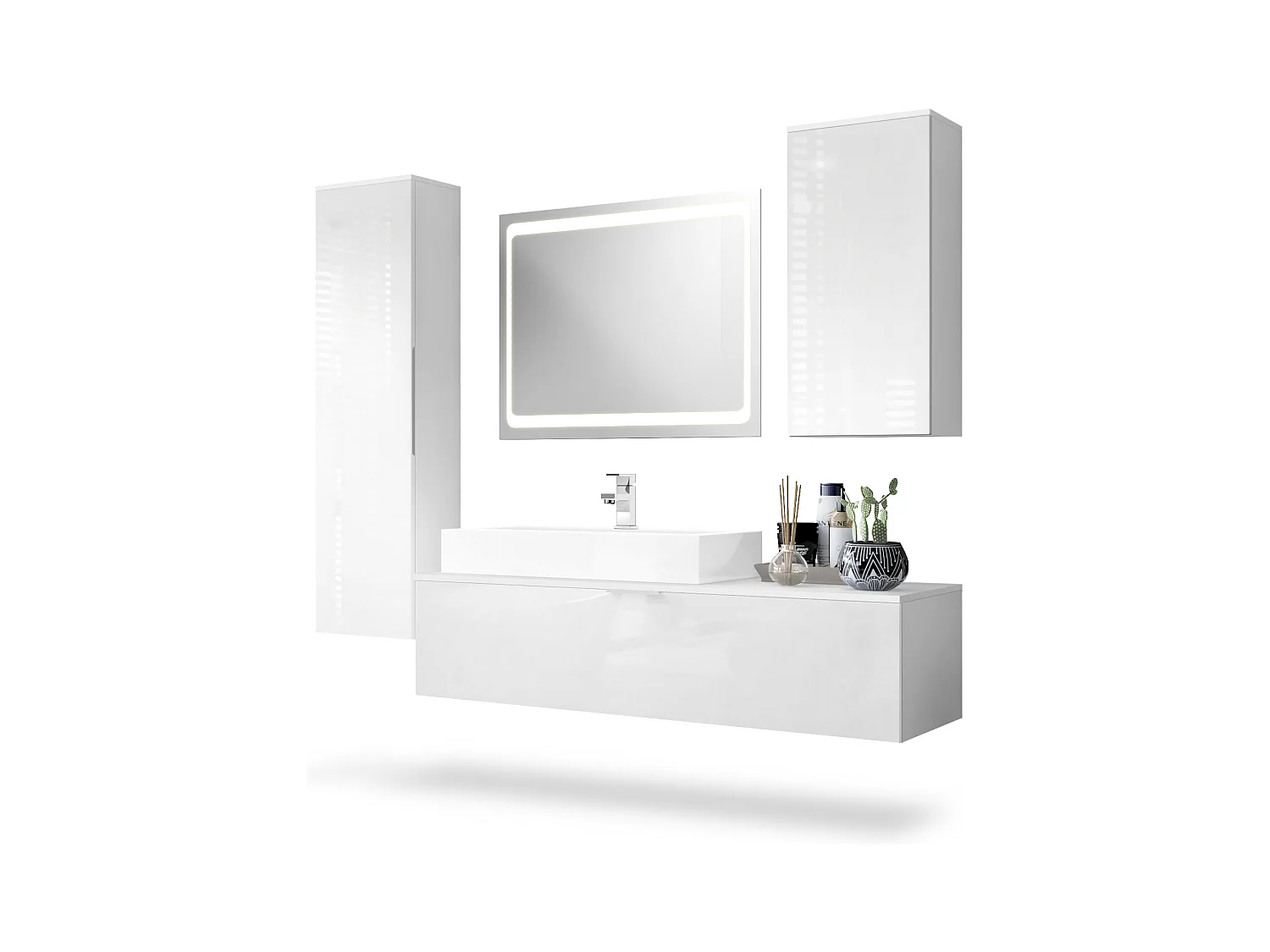 Ensemble de Meubles de Bains Beach, Corps en Blanc Mat/Façades en Blanc haute brillance avec miroir LED, lavabo et armature