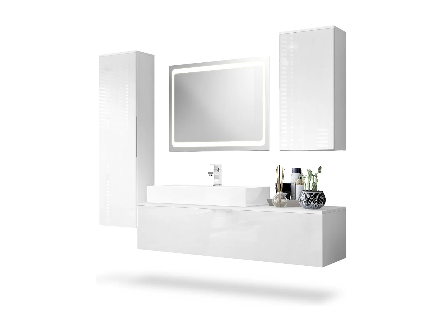 Ensemble de Meubles de Bains Beach, Corps en Blanc Mat/Façades en Blanc haute brillance avec miroir LED, lavabo et armature