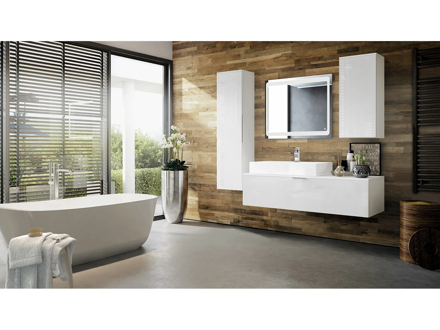 Ensemble de Meubles de Bains Beach, Corps en Blanc Mat/Façades en Blanc haute brillance avec miroir LED, lavabo et armature