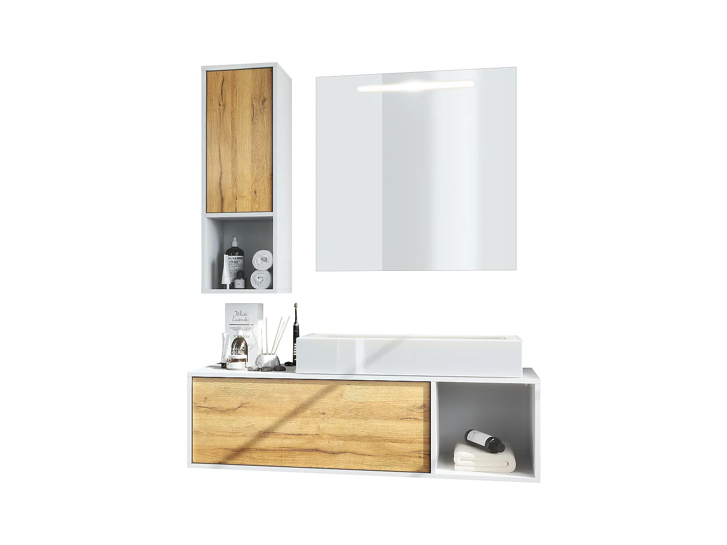 Ensemble de meubles de bains La Costa, Corps en Blanc mat, Façades en Chêne Nature, avec Vasque à poser et Miroir LED